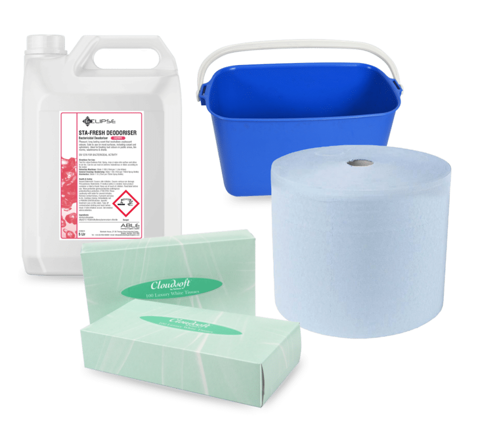 Cleaning supplies including a blue bucket, a roll of light blue paper towels, a gallon of Sta-Fresh deodoriser, and two boxes of facial tissues.