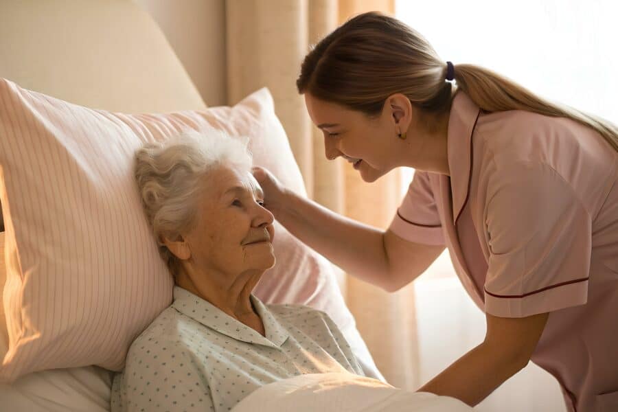 Nurse caring for elderly woman in fire retardant bedding in a care home