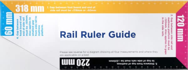 A rectangular Rail Ruler Guide with color-coded sections showing measurements of 60 mm, 318 mm, 120 mm, and 220 mm—ideal for use alongside Dysphagia Cups for IDDSI Levels—and includes clear labeled instructions for use.