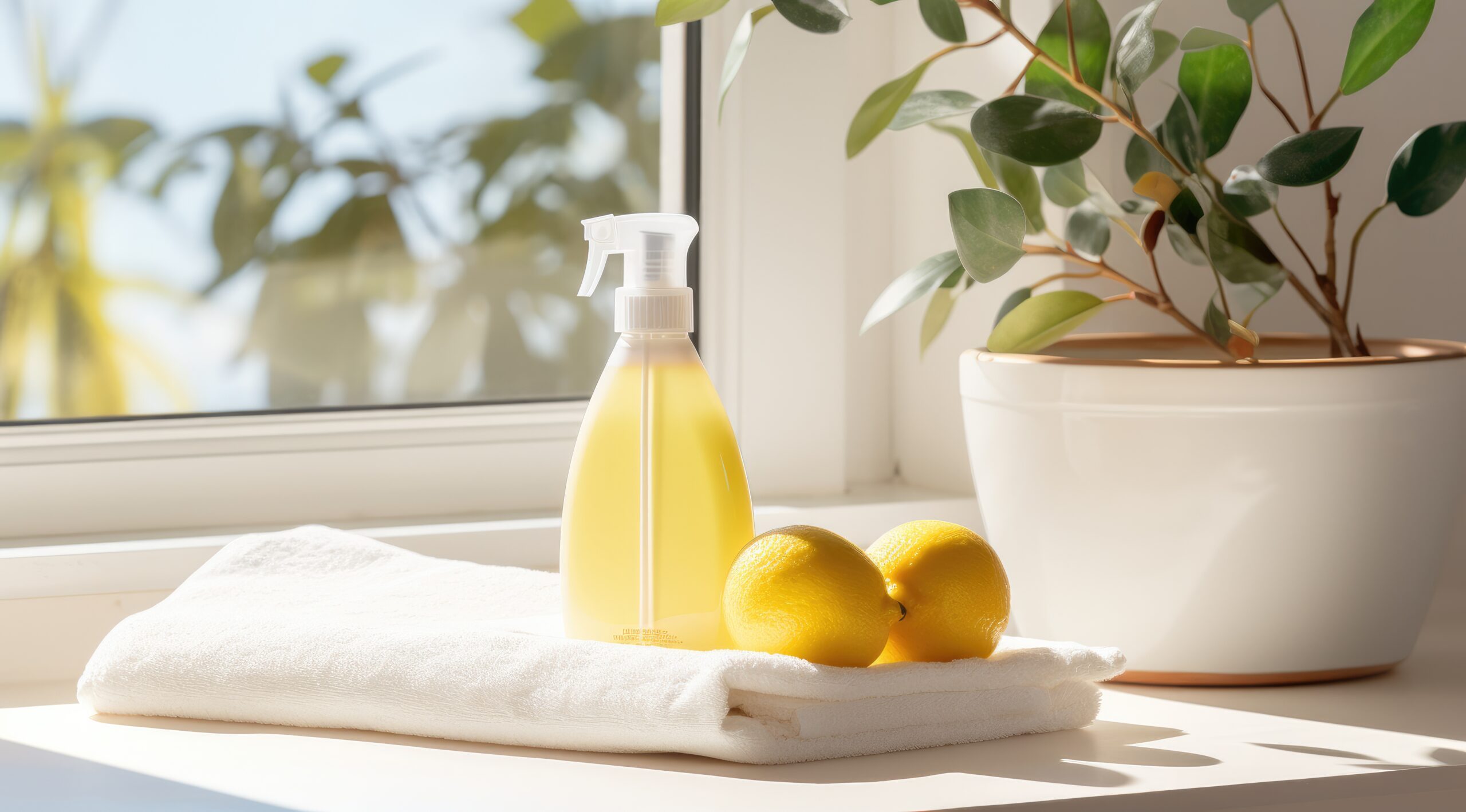 A bottle of natural lemon cleaning spray on folded towels beside lemons and a plant, symbolizing safe and eco-friendly cleaning in care homes