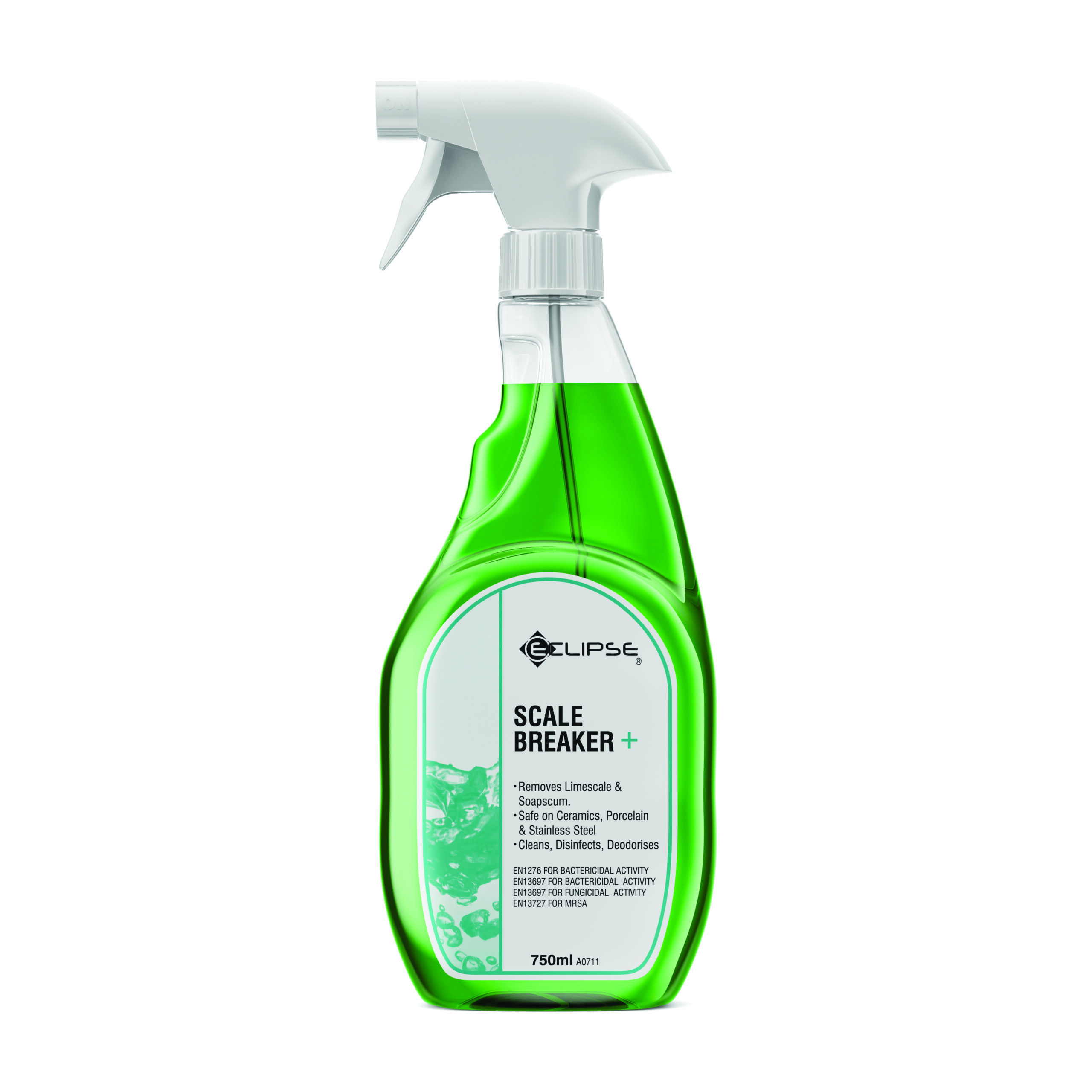 A spray bottle of Eclipse Scale Breaker+ cleaner with green liquid, labeled for removing limescale and cleaning surfaces; 750ml capacity—ideal among types of descalers for care homes.
