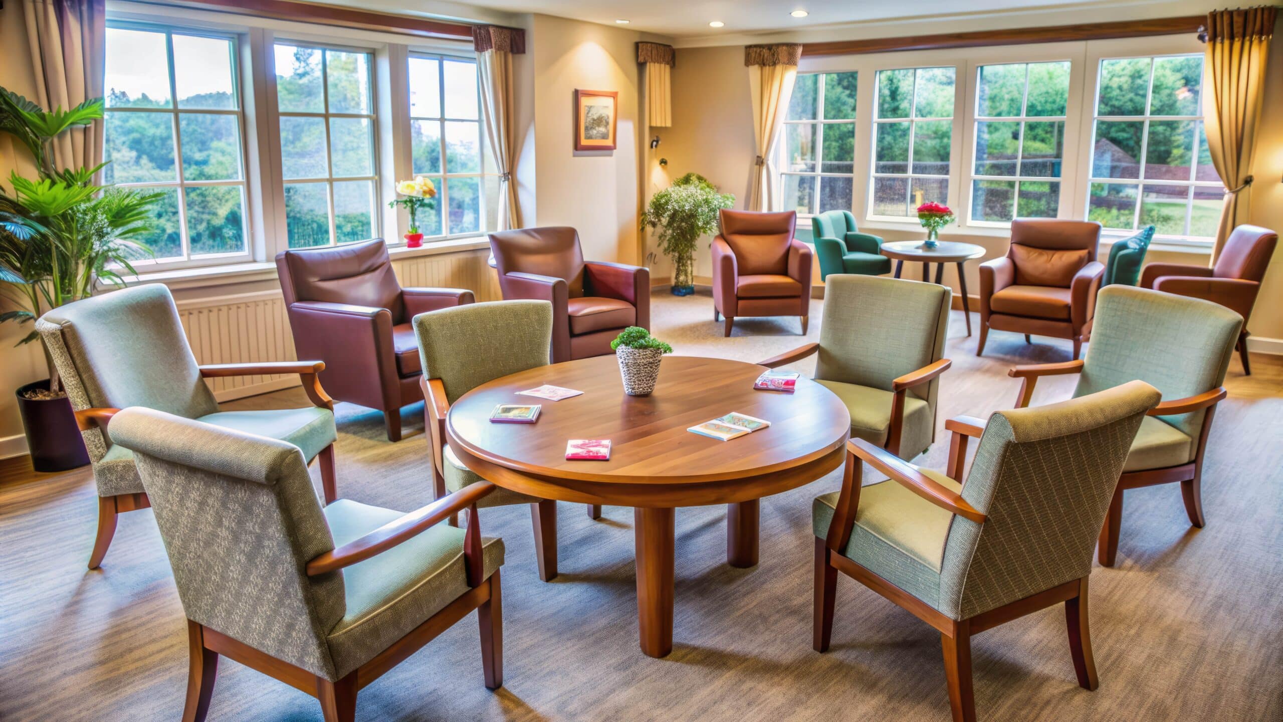 Bright care home communal area with chairs and tables, showing the importance of odour control for resident comfort.