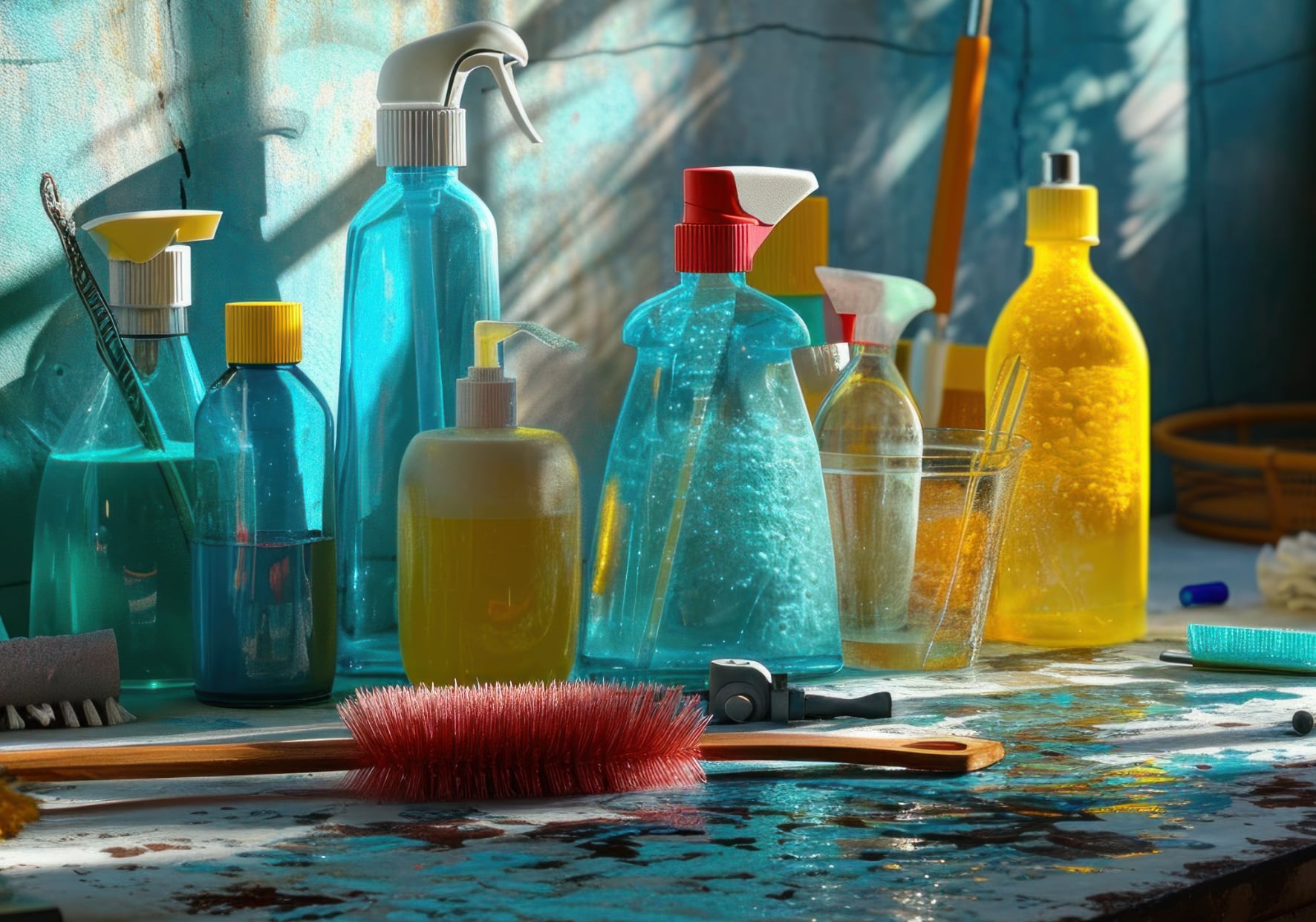 Cleaning supplies and bottles stored on a care home cleaning station showing poor storage practices