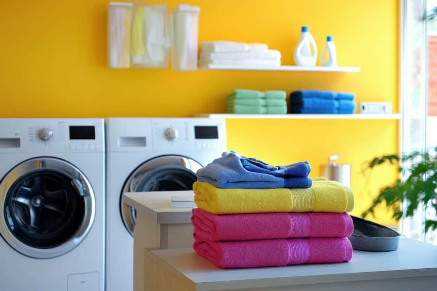 Modern care home laundry room with colourful towels and washing machines, representing efficient laundry systems and hygiene management.