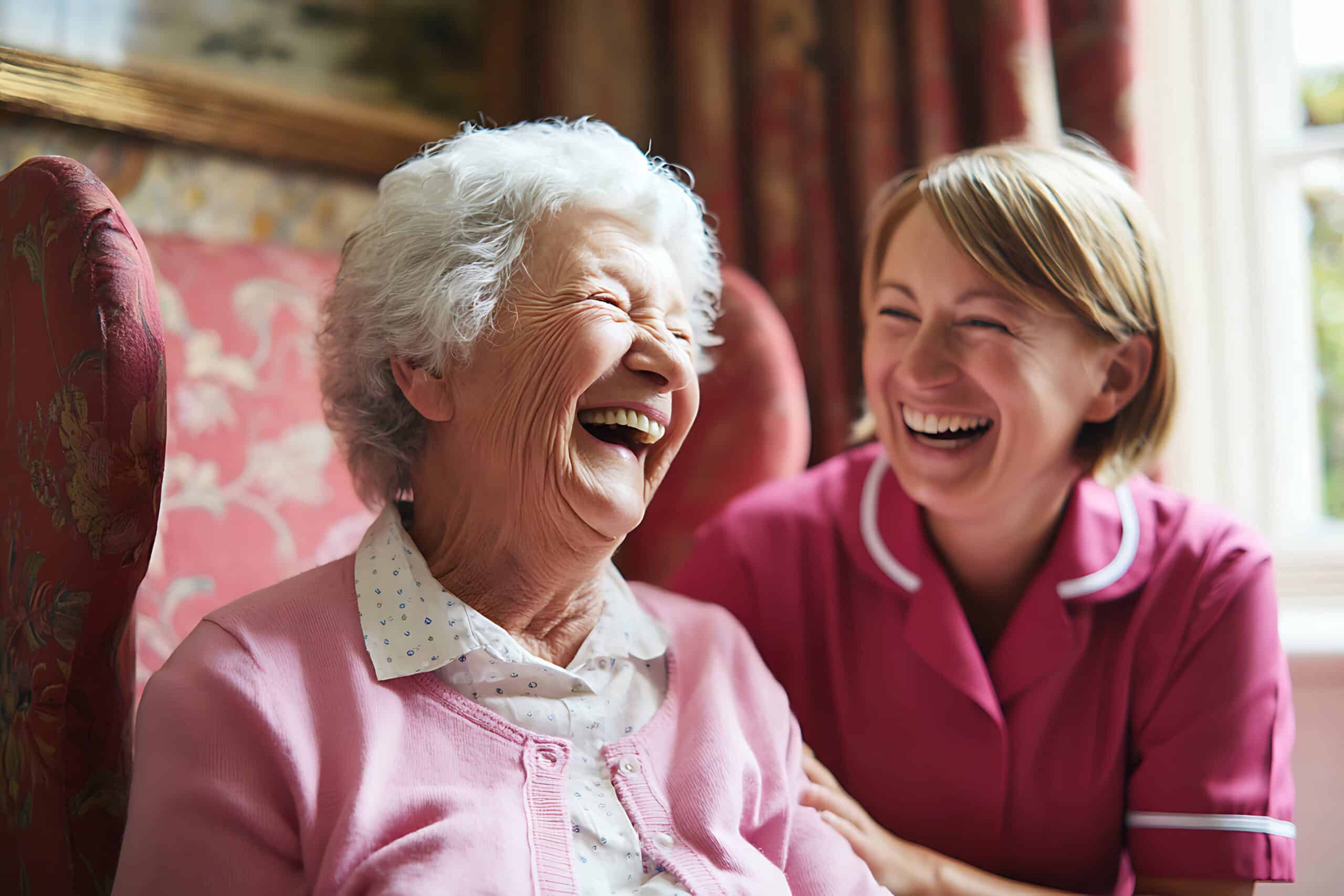 Caregiver and resident smiling together; outcomes improve with strong Bed Rail Compliance in care homes