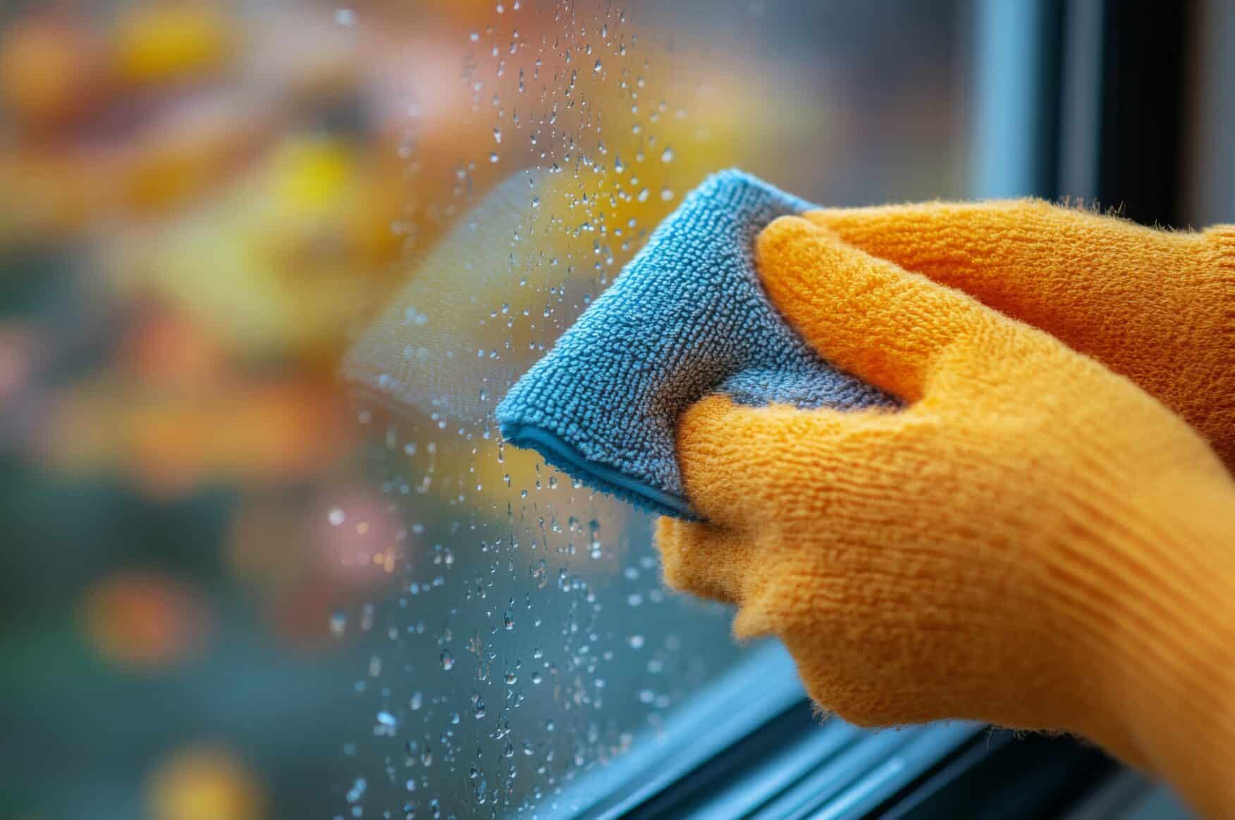 Care home winter cleaning with a staff member wiping condensation from a window using a microfibre cloth.