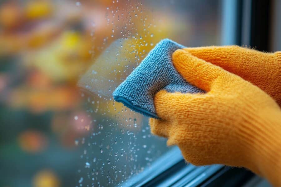 Care home winter cleaning with a staff member wiping condensation from a window using a microfibre cloth.