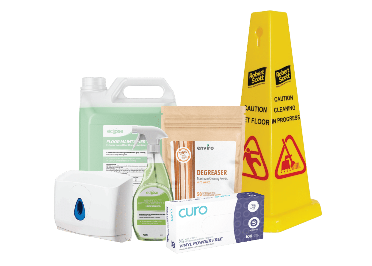 A selection of cleaning and hygiene supplies, including a floor maintenance liquid, spray cleaner, degreaser, glove box, dispenser, and a yellow caution wet floor sign.
