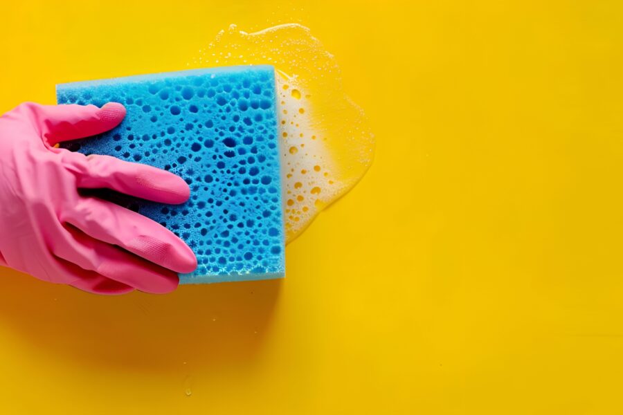 Hand wearing a pink glove cleaning a yellow surface with a blue sponge as part of care home cleaning tasks.