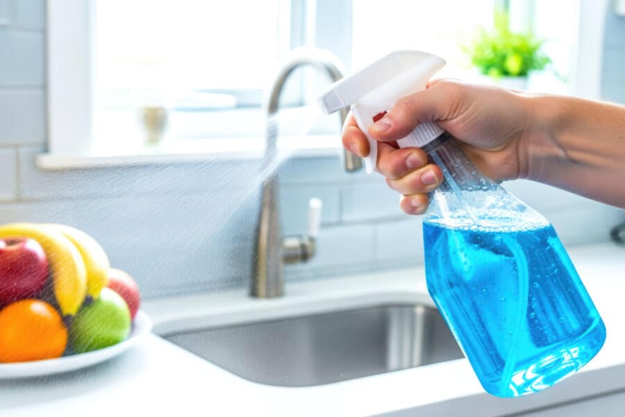 Staff member spraying a blue sanitising solution onto a kitchen surface as part of care home kitchen hygiene routines.
