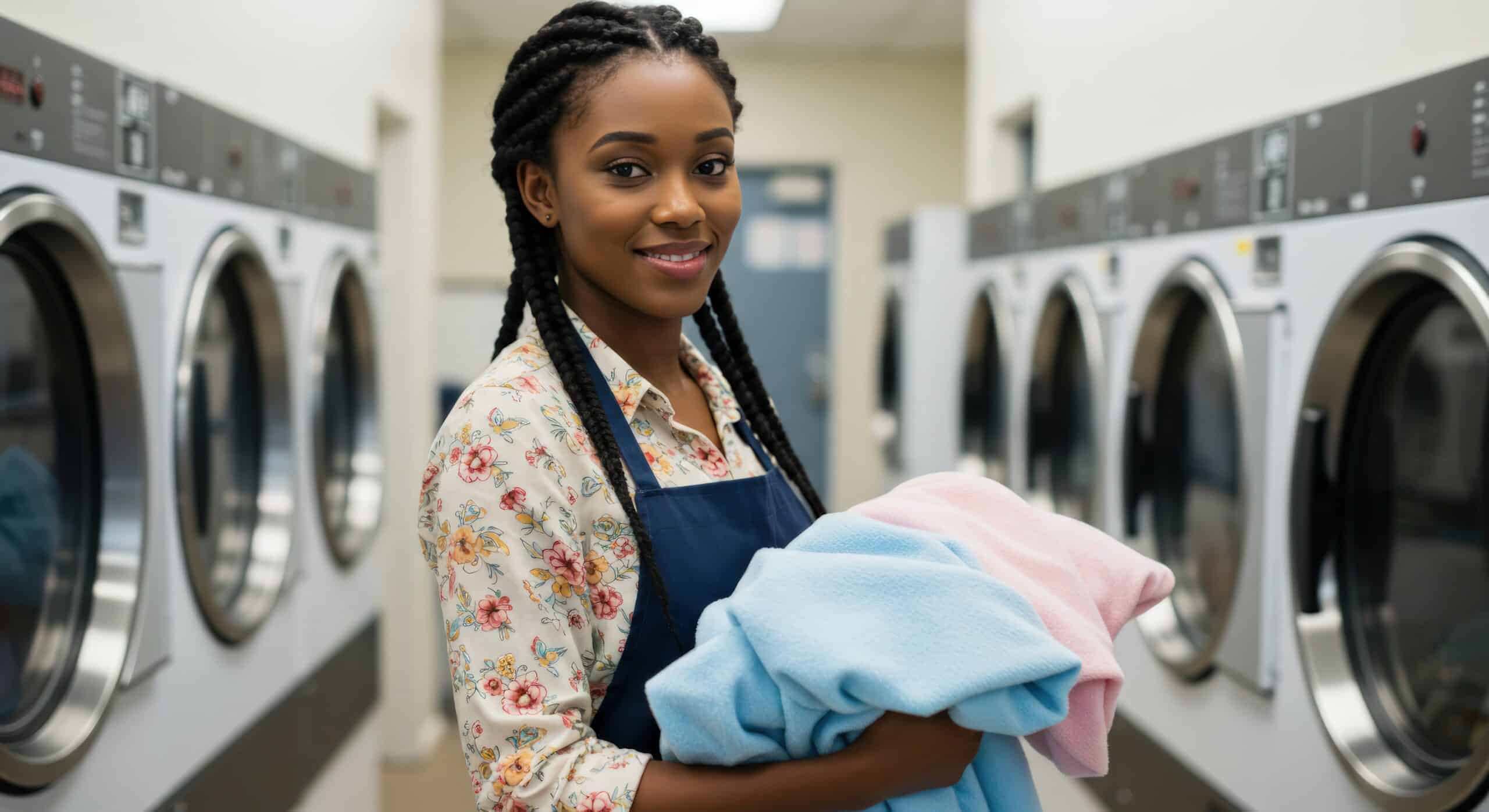 Staff member handling clean laundry in a care home laundry room, following care home laundry regulations.