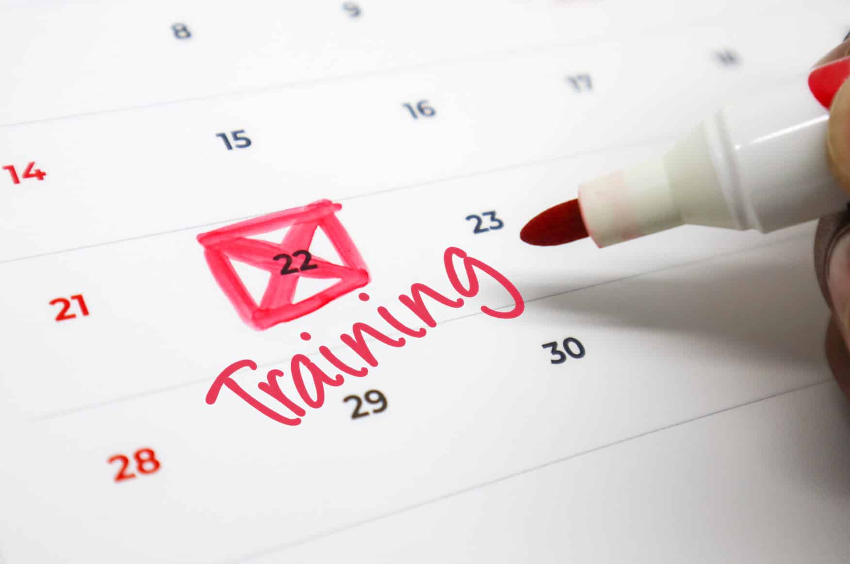 Care home annual training schedule marked on a calendar to plan mandatory staff training