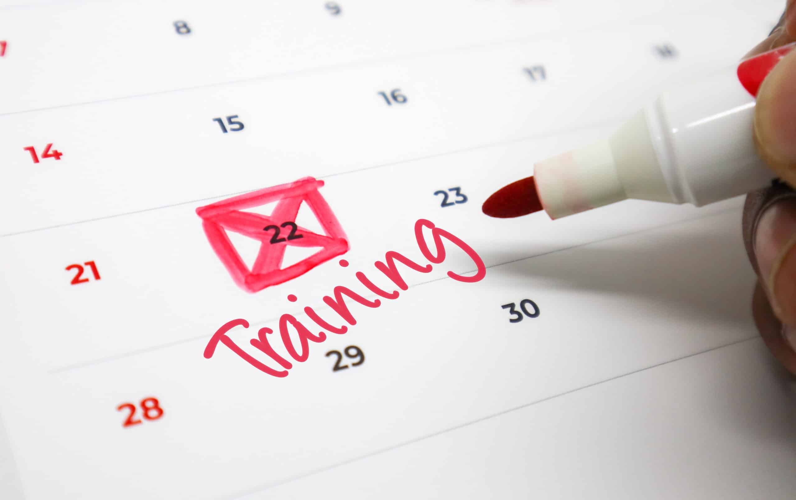 Care home annual training schedule marked on a calendar to plan mandatory staff training