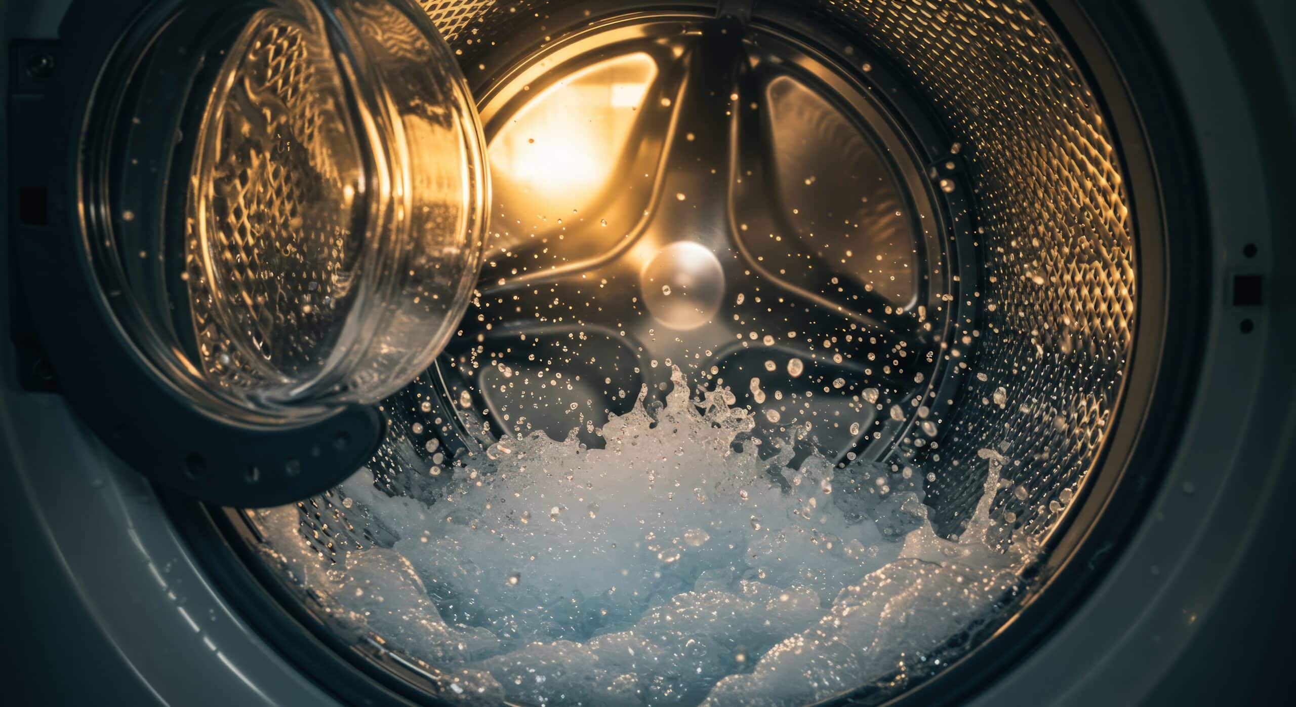 Commercial washing machine drum in use for care home laundry