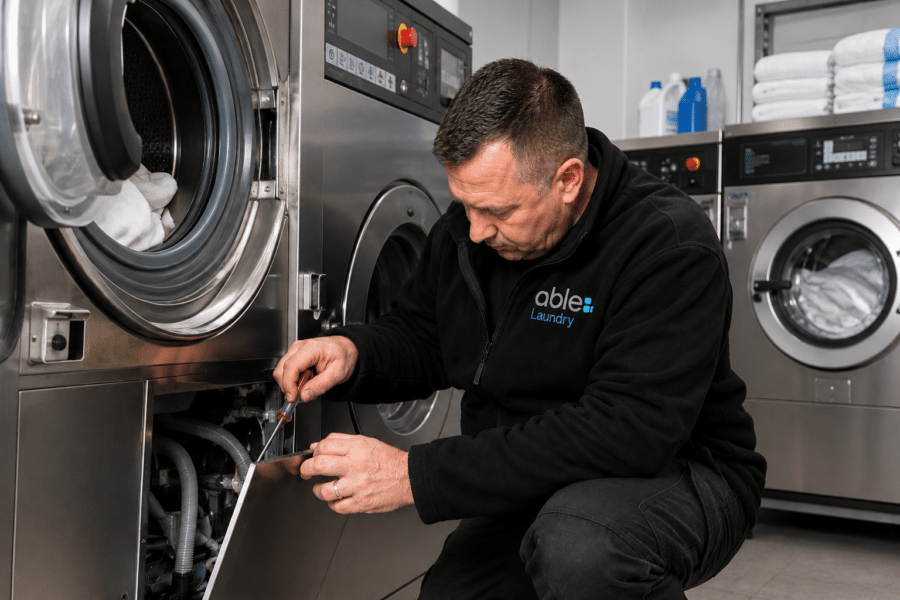 Commercial laundry maintenance checklist engineer servicing a commercial washing machine