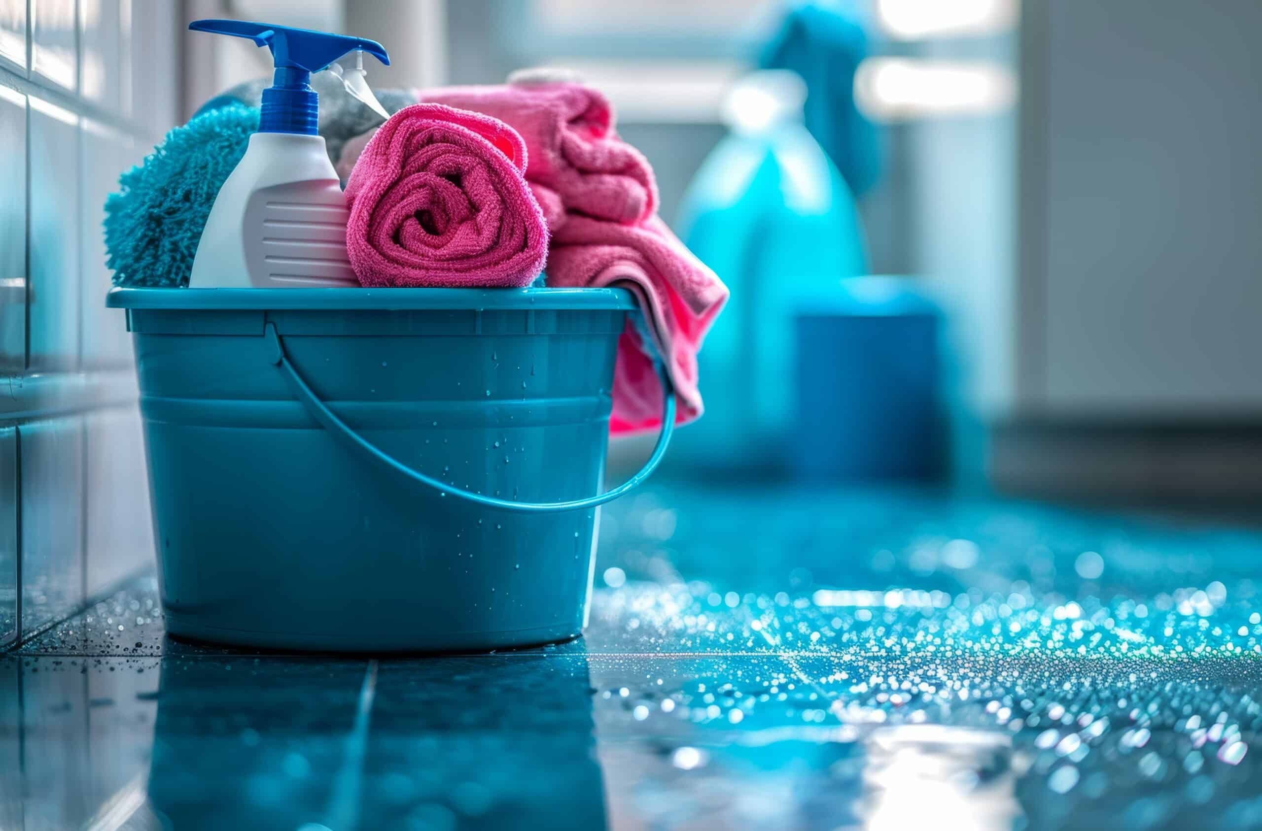 Cleaning chemicals and cleaning products stored in a cleaning bucket for use in a care home environment
