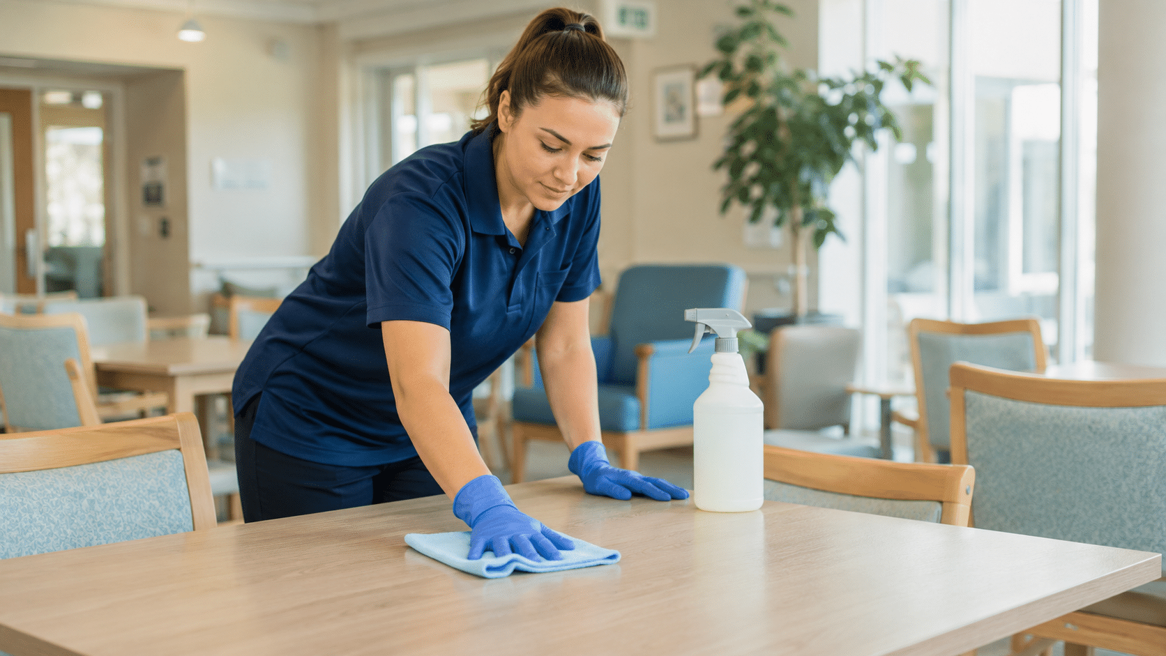 Professional cleaner using hard surface cleaner on a table in a commercial care environment