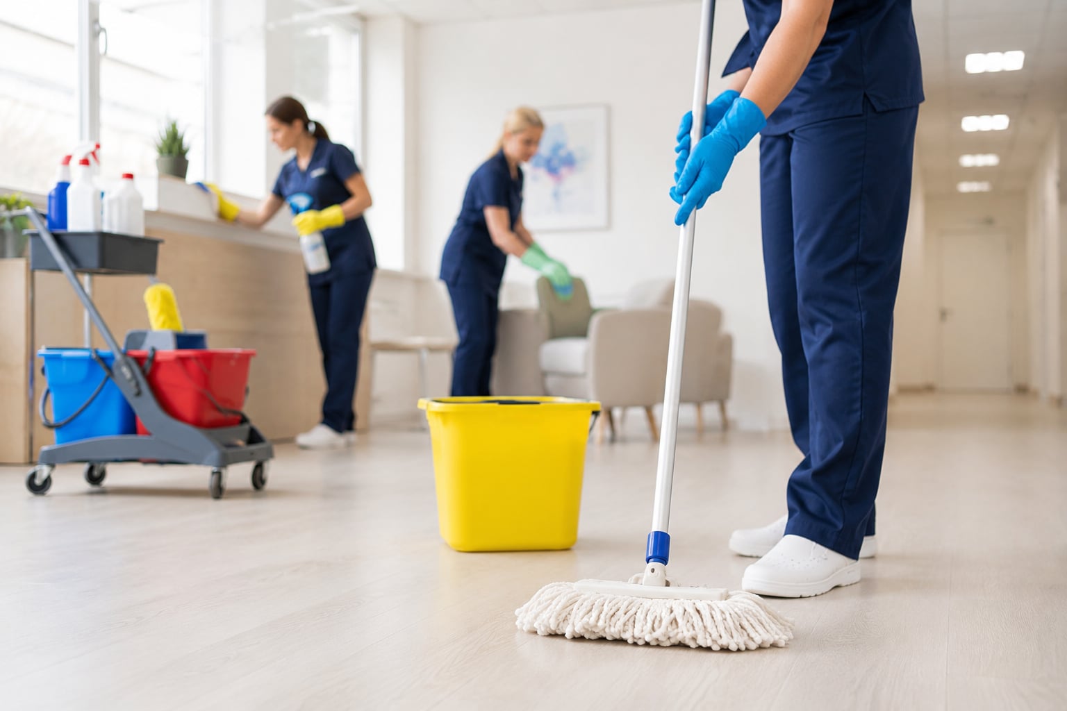 Professional cleaning chemicals used by a care home cleaning team during routine cleaning procedures