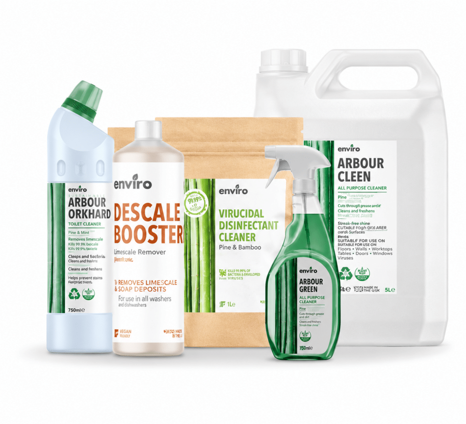 Enviro cleaning product range including toilet cleaner, descale booster, disinfectant, and all-purpose cleaners in various sizes.