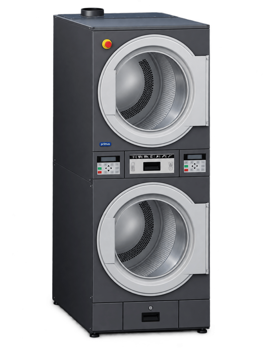 Primus T1313 commercial tumble dryer double stack unit with dual drums and central control panel for institutional laundry.