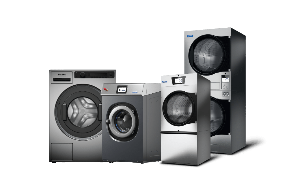 Commercial laundry equipment sample range including industrial washers and dryers for institutional facilities.