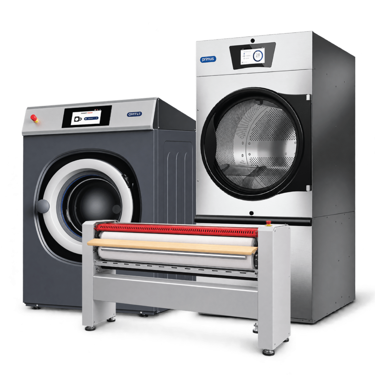 Commercial laundry washing machine, tumble dryer and flatwork ironer