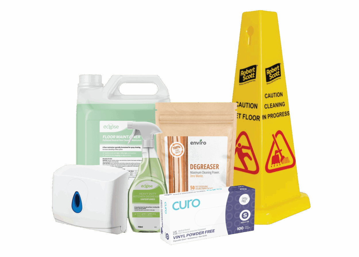 Care home cleaning supplies including floor maintainer, degreaser, disposable gloves, wet floor sign and paper sachets.