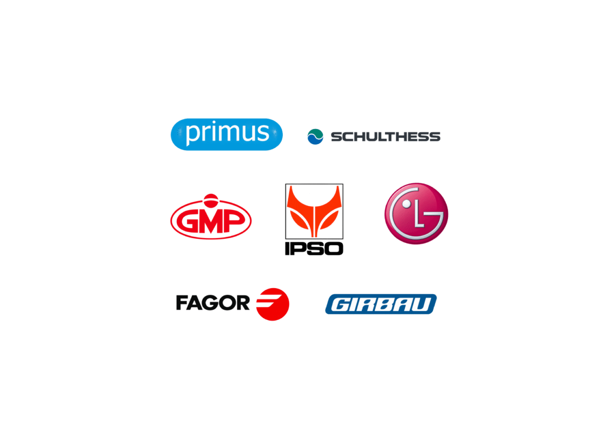 Commercial laundry equipment brands including Primus, Schulthess, GMP, LG, Fagor and Girbau