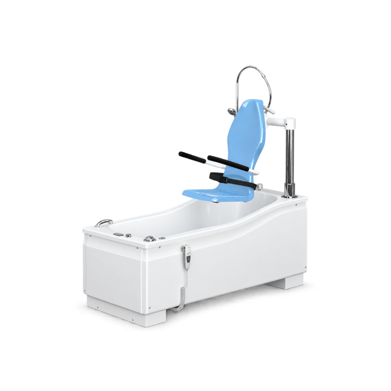 Compact DC3 LEAD specialist assisted bath with blue transfer chair, supportive armrests, safety belt and overhead shower