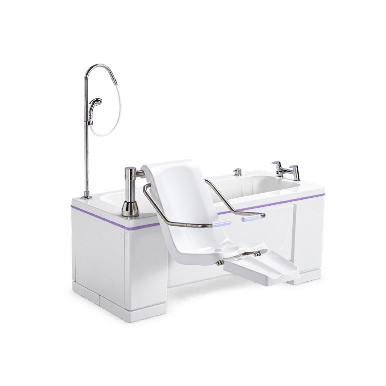 Alera specialist assisted bath with integrated transfer seat, supportive armrests, footrest and overhead shower