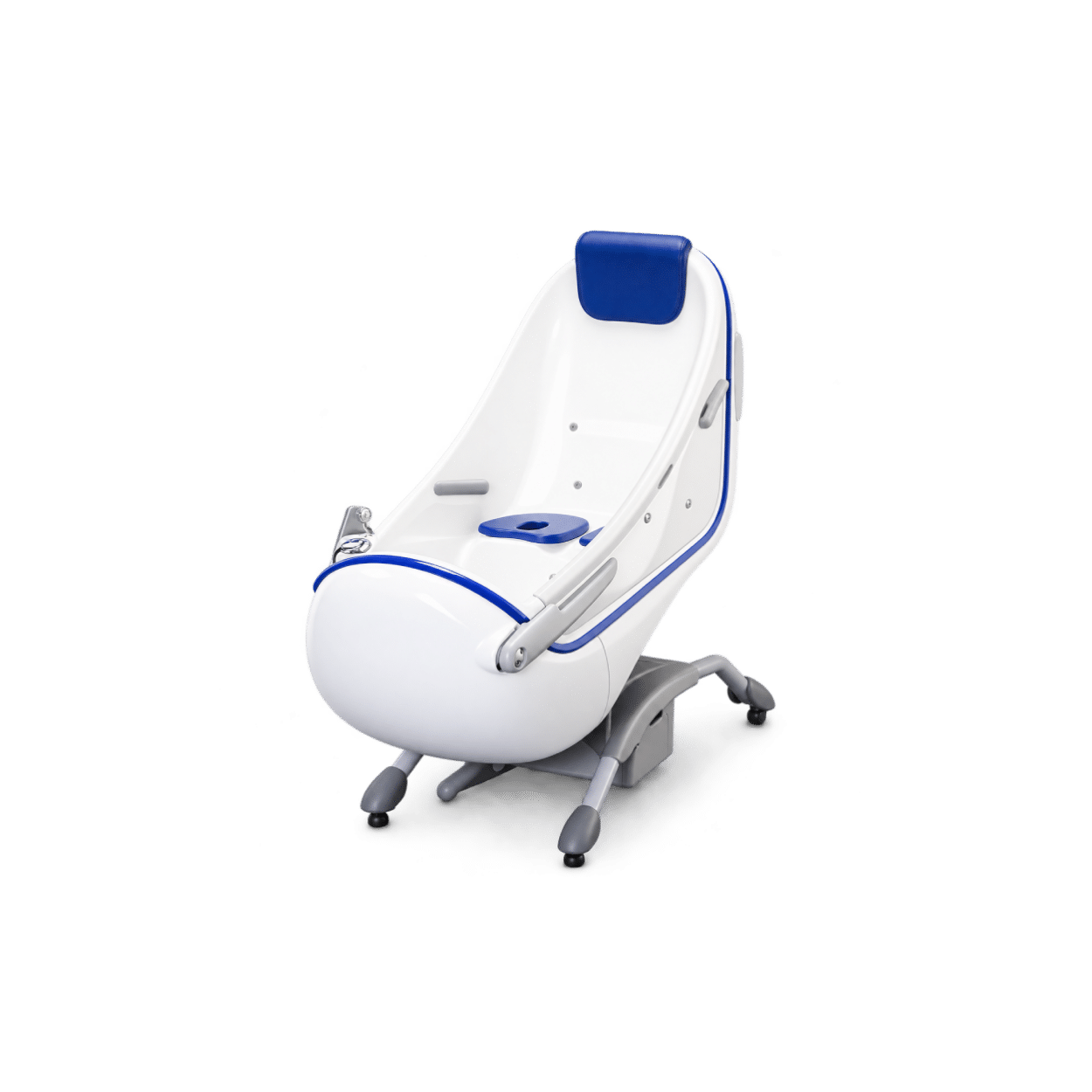 Arjo Parker specialist assisted bath with reclining seating, blue headrest and supportive armrests