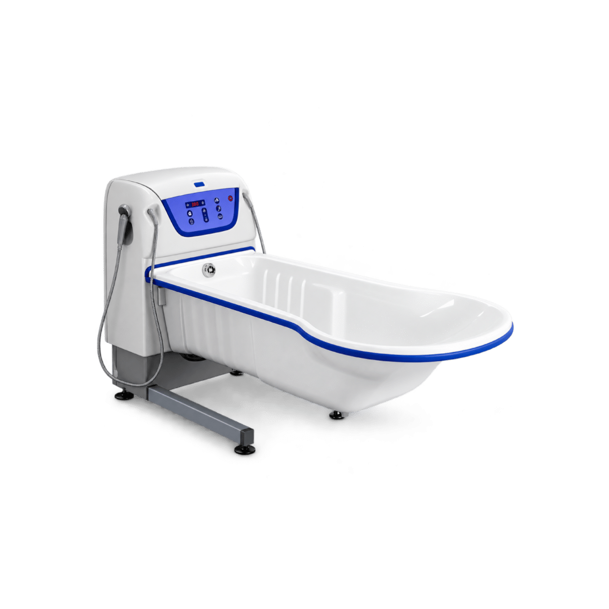Arjo Harmonie Assisted Bath with white basin, blue control panel, and integrated hydraulic lifting system for safe patient bathing.