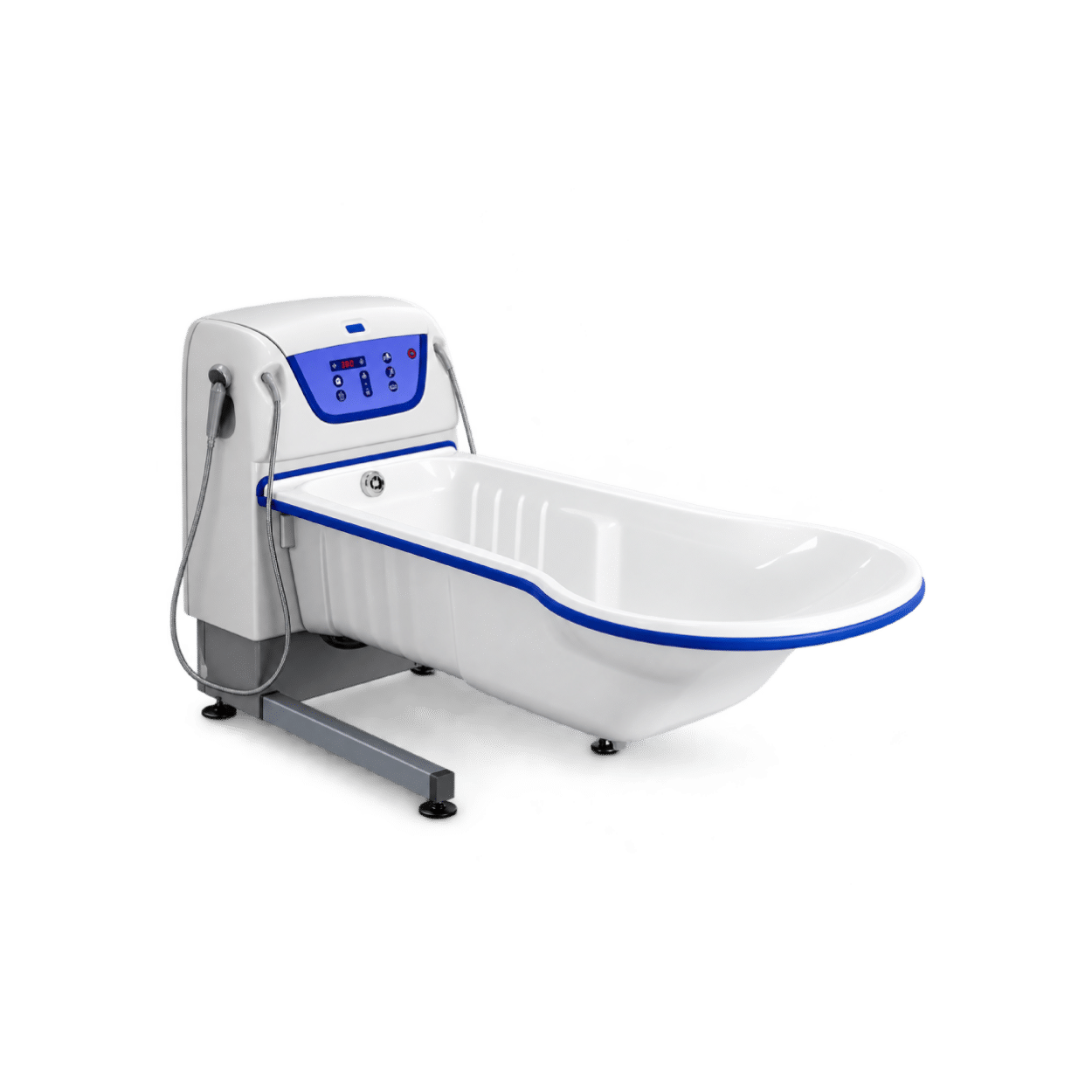 Arjo Rhapsody Primo Harmonie specialist assisted bath with digital control panel, blue trim and handheld shower