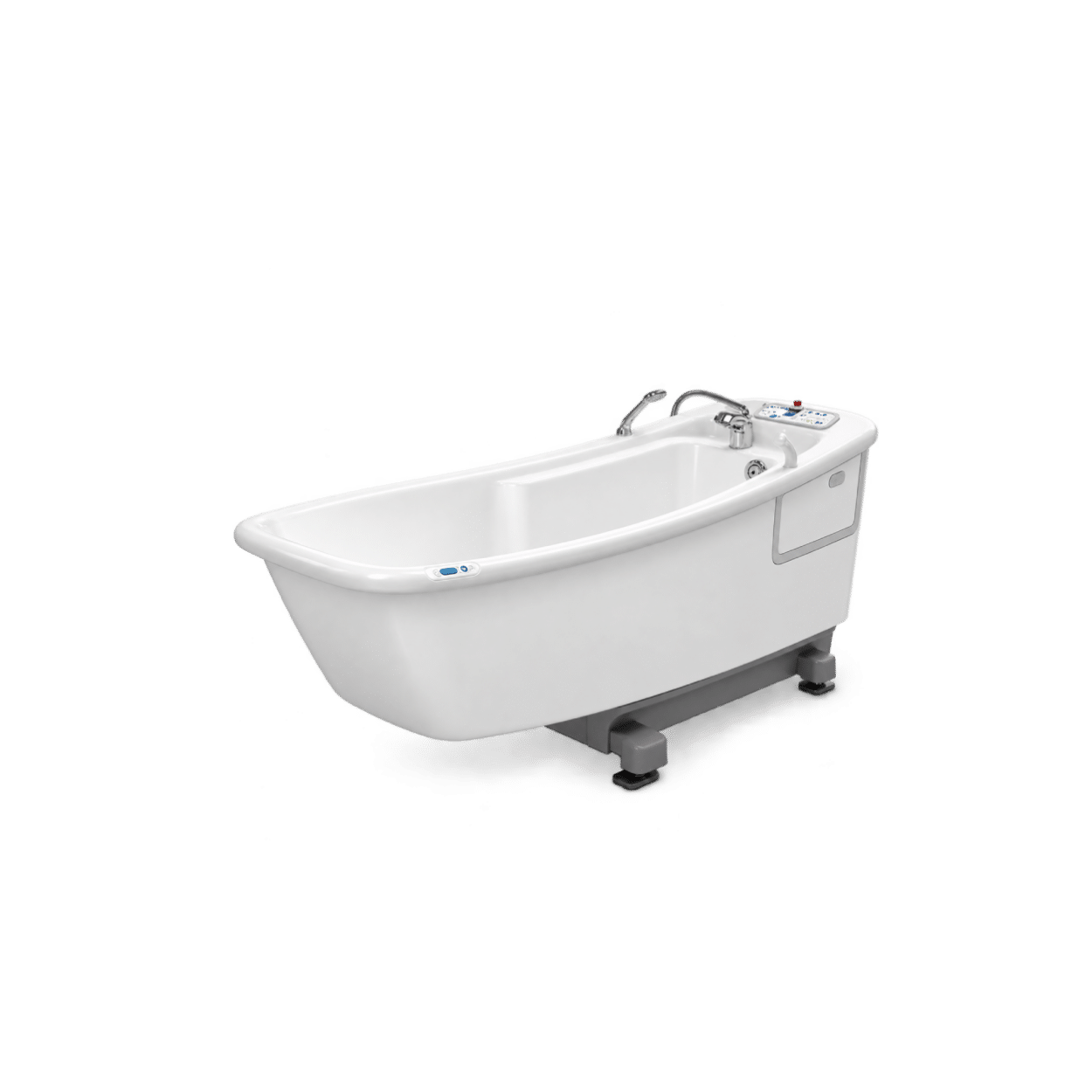 Arjo Symbliss specialist bath with integrated controls and grey support legs for healthcare facilities.