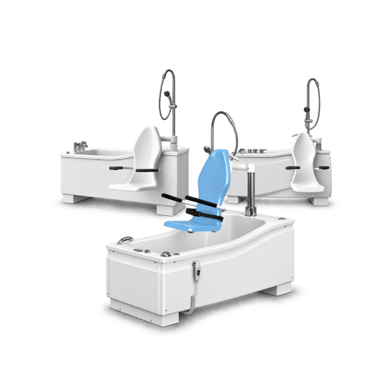 Three assisted bathing systems featuring integrated transfer seats, including a blue reclining seat, designed for safe and comfortable bathing in care homes and healthcare facilities.