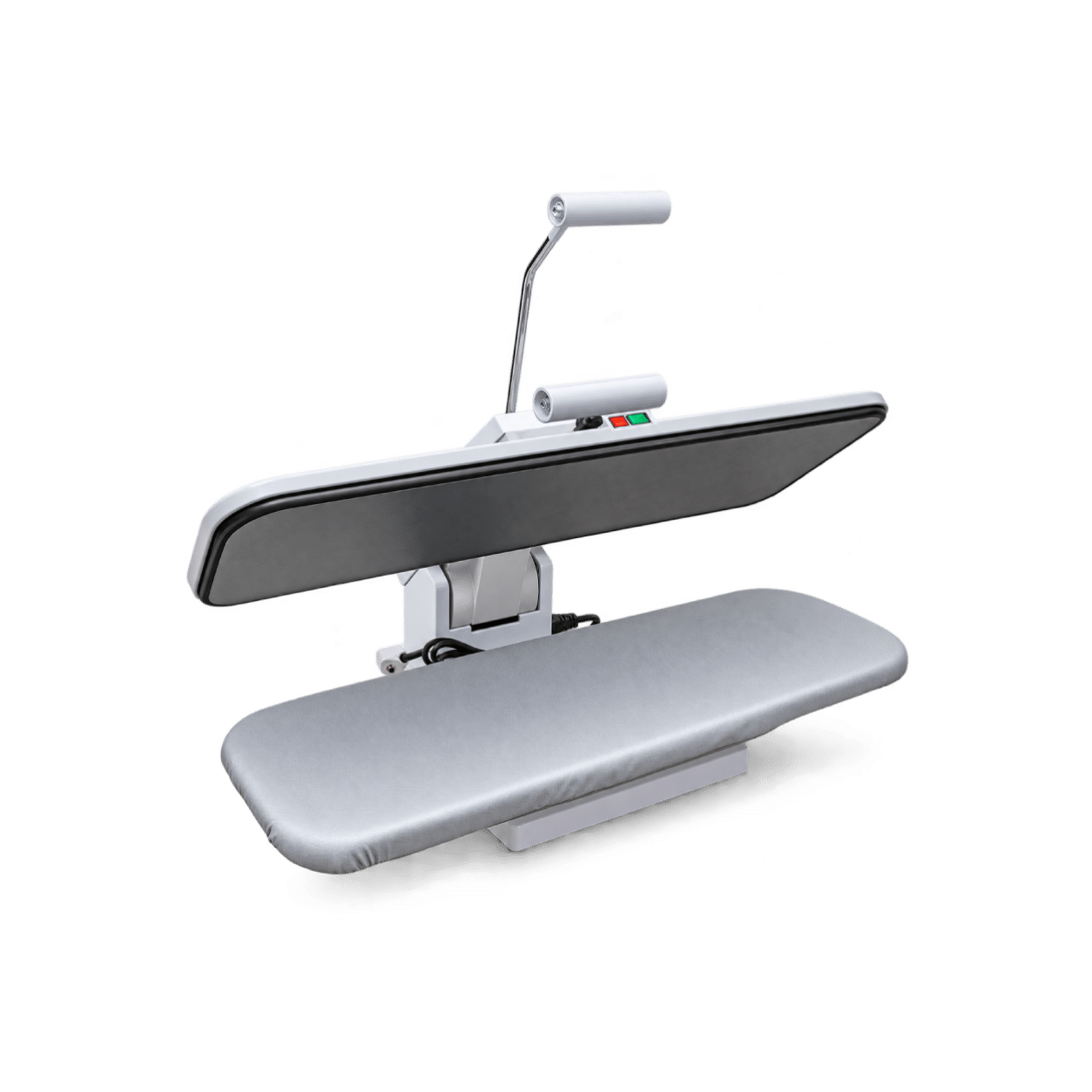 Blanca professional commercial laundry ironing press with padded ironing surface and upper pressing plate.