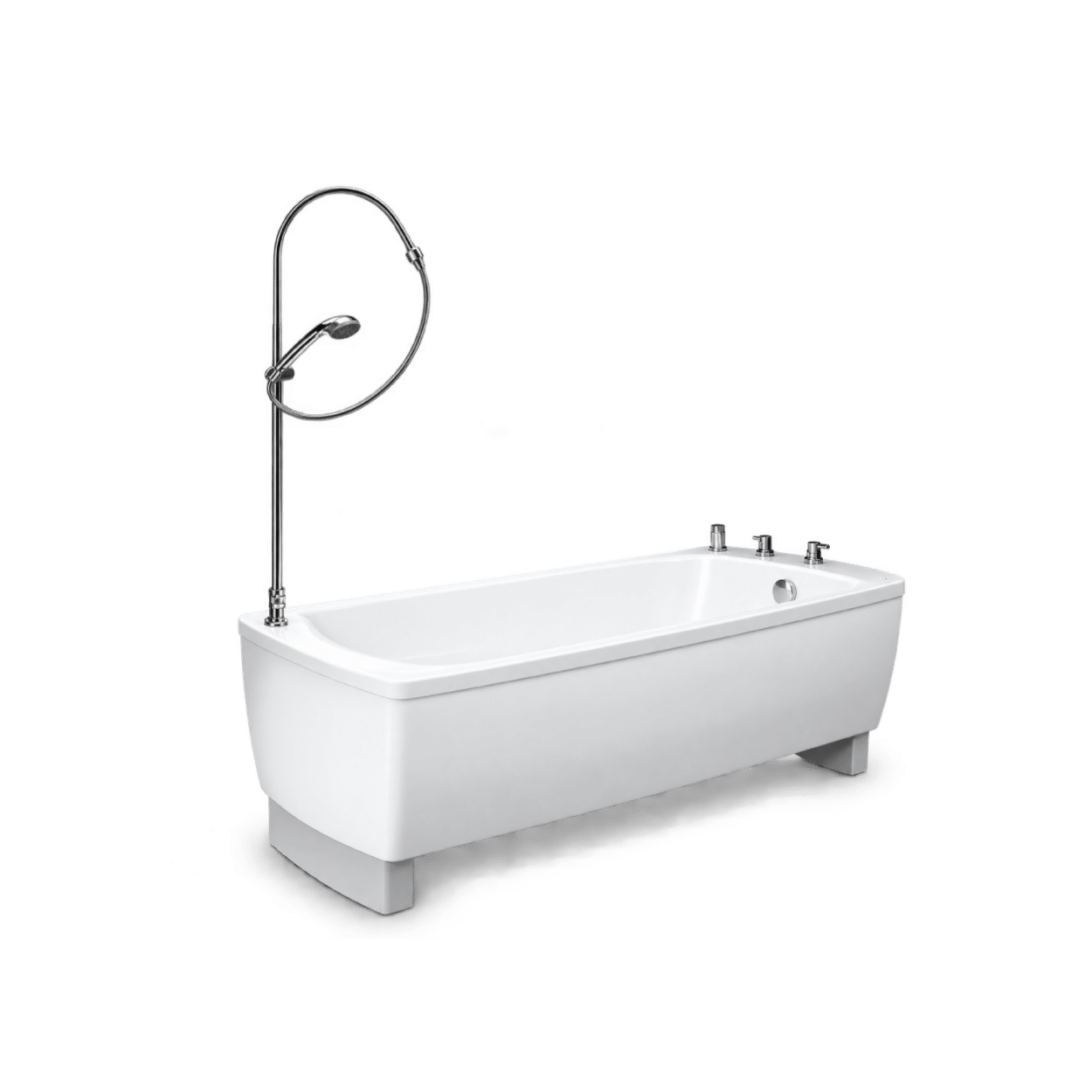 Comfort S specialist assisted bath with white bathtub, overhead shower and integrated bath controls