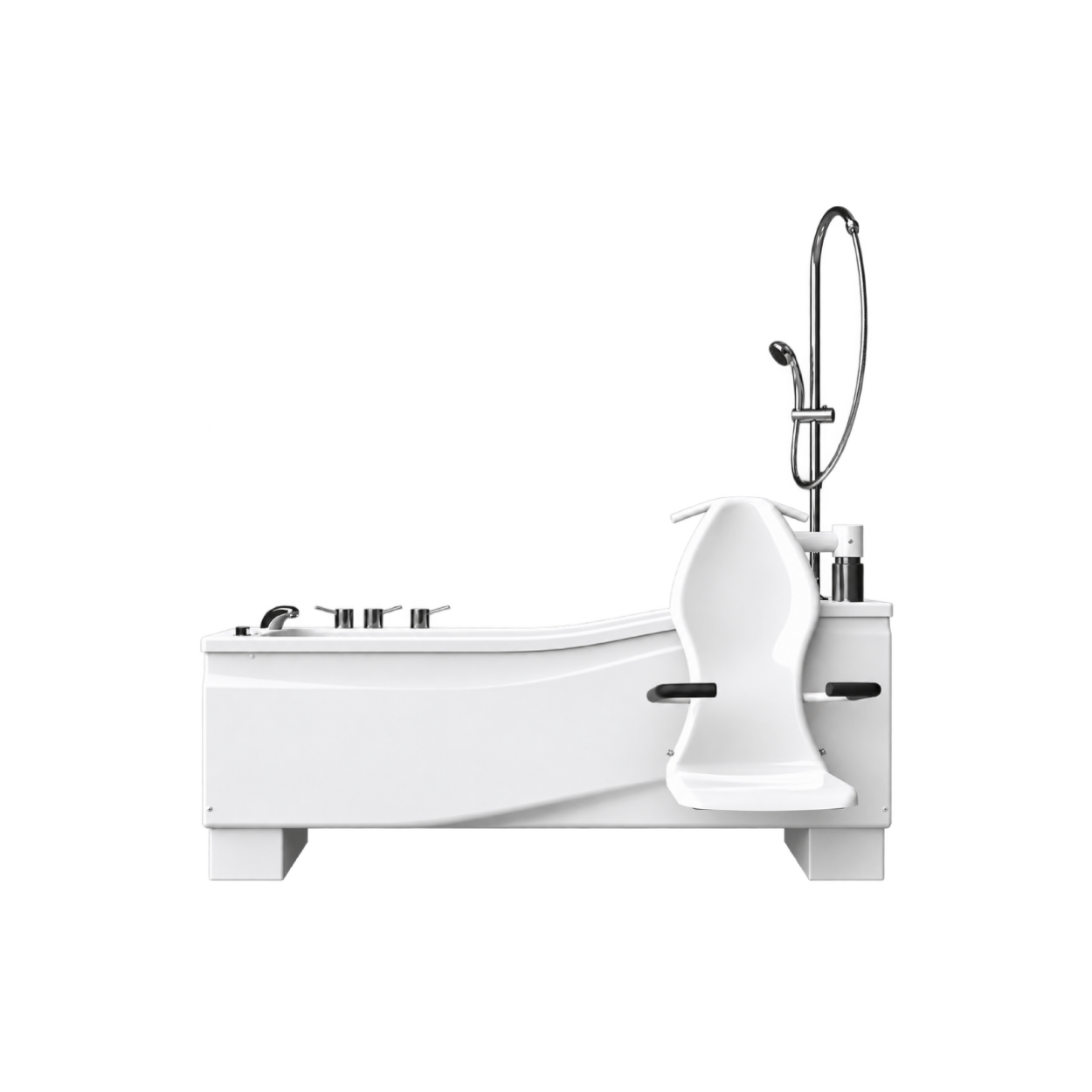 Compact Plus height adjustable specialist assisted bath with integrated transfer seat, supportive armrests and overhead shower