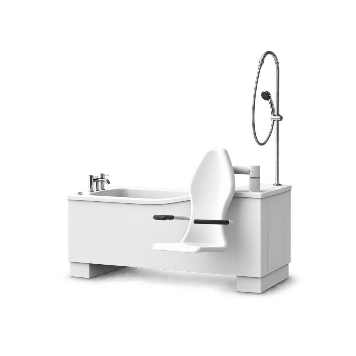 Compact Pure Square LEAD specialist assisted bath with integrated transfer seat, supportive armrests and overhead shower