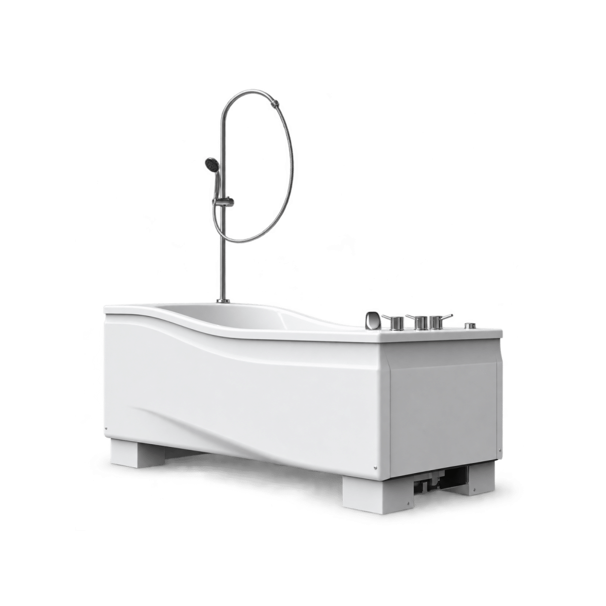 Compact Solo Square LEAD specialist assisted bath with white rectangular bathtub, contoured design and overhead handheld shower