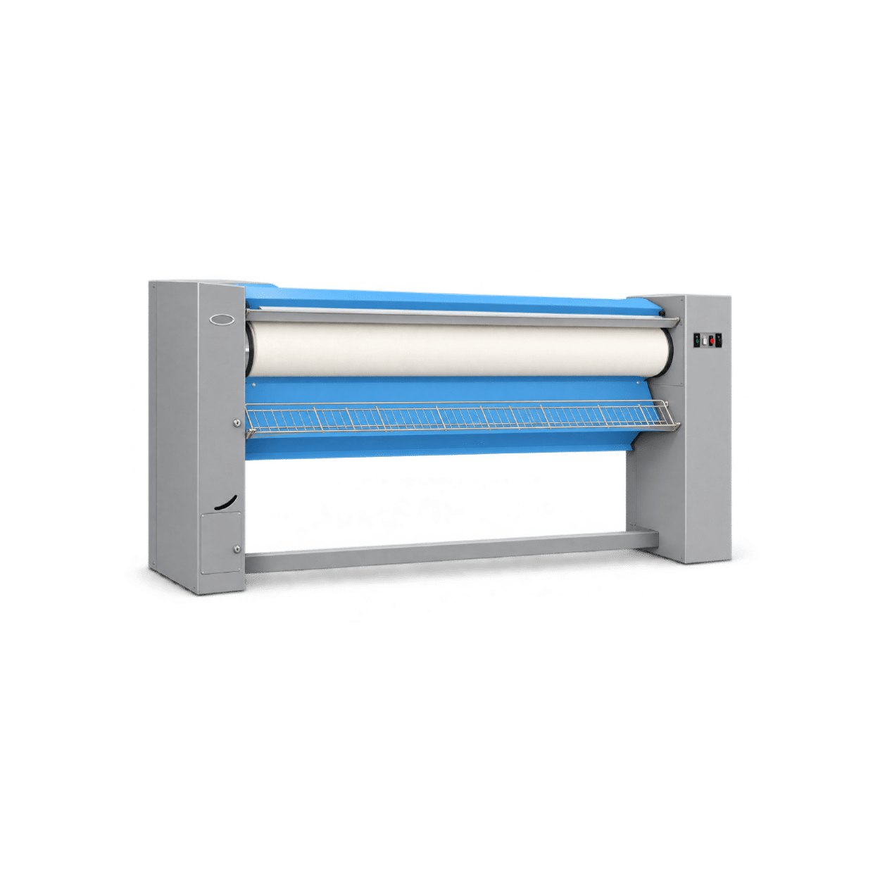 Electrolux Professional IB42314 1.4m commercial rotary ironer with blue housing, ironing roller and safety guard.