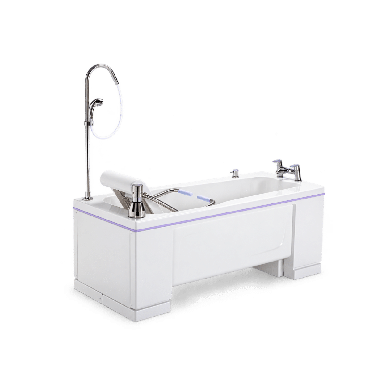 Ezion specialist assisted bath with integrated reclining seat, supportive armrests and overhead shower