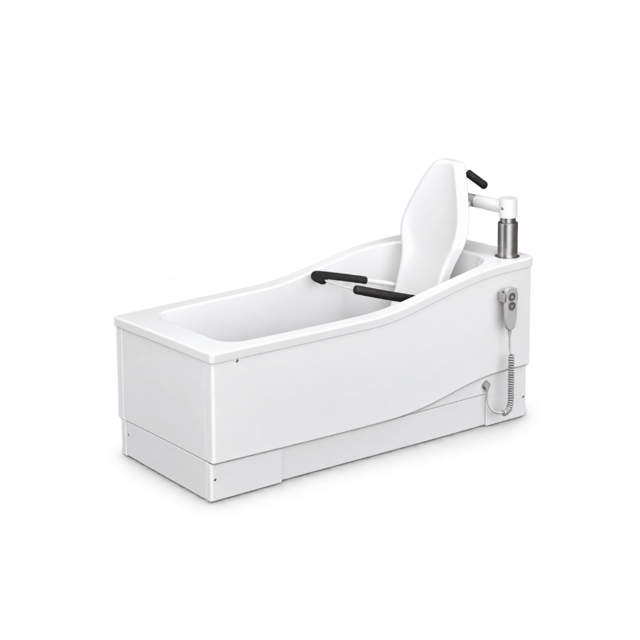 Fixed height specialist assisted bath with integrated transfer seat, supportive armrests and handheld controls