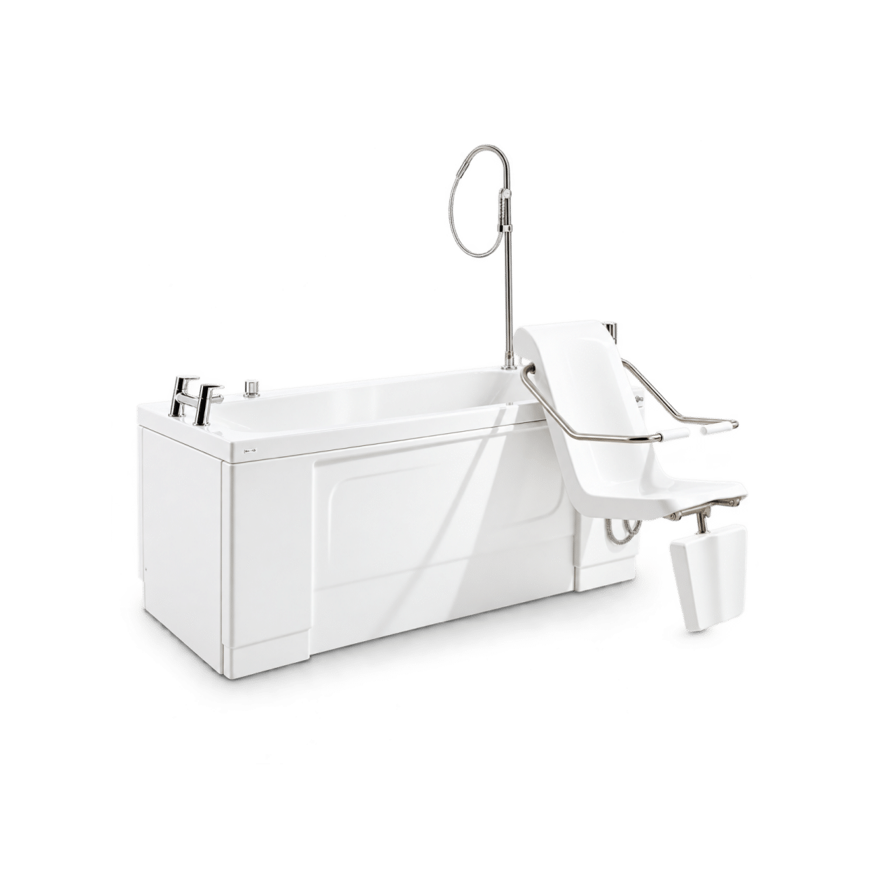 Fixed height specialist assisted bath with integrated transfer seat, supportive armrests, leg lift and overhead shower