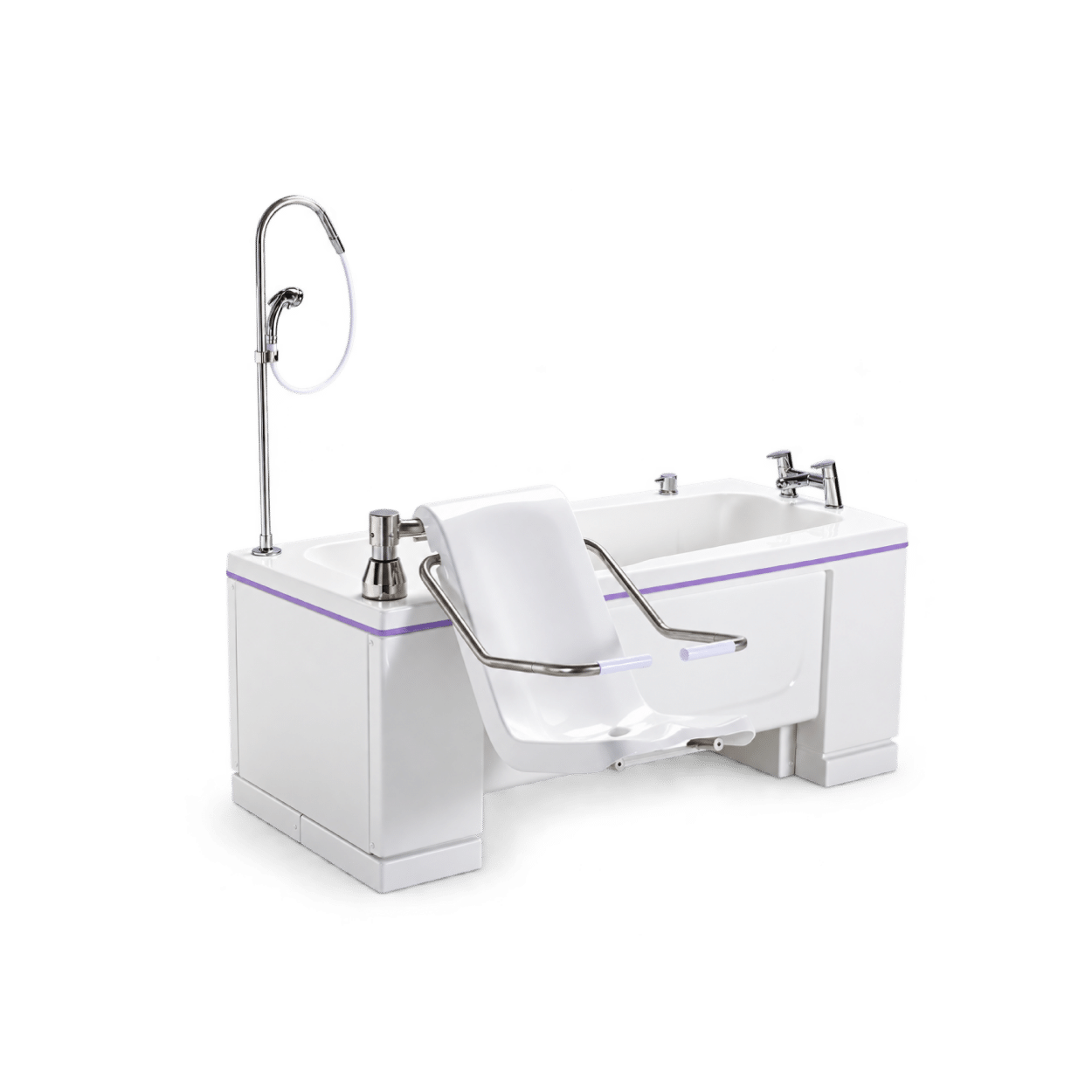 Gentona specialist assisted bath with integrated transfer seat, support armrests and overhead shower