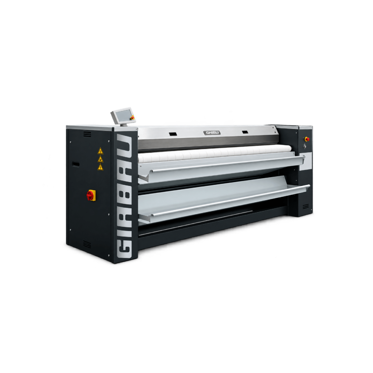 Girbau PB3215 1.5m industrial flatwork ironer with digital control panel for commercial laundry and linen finishing.