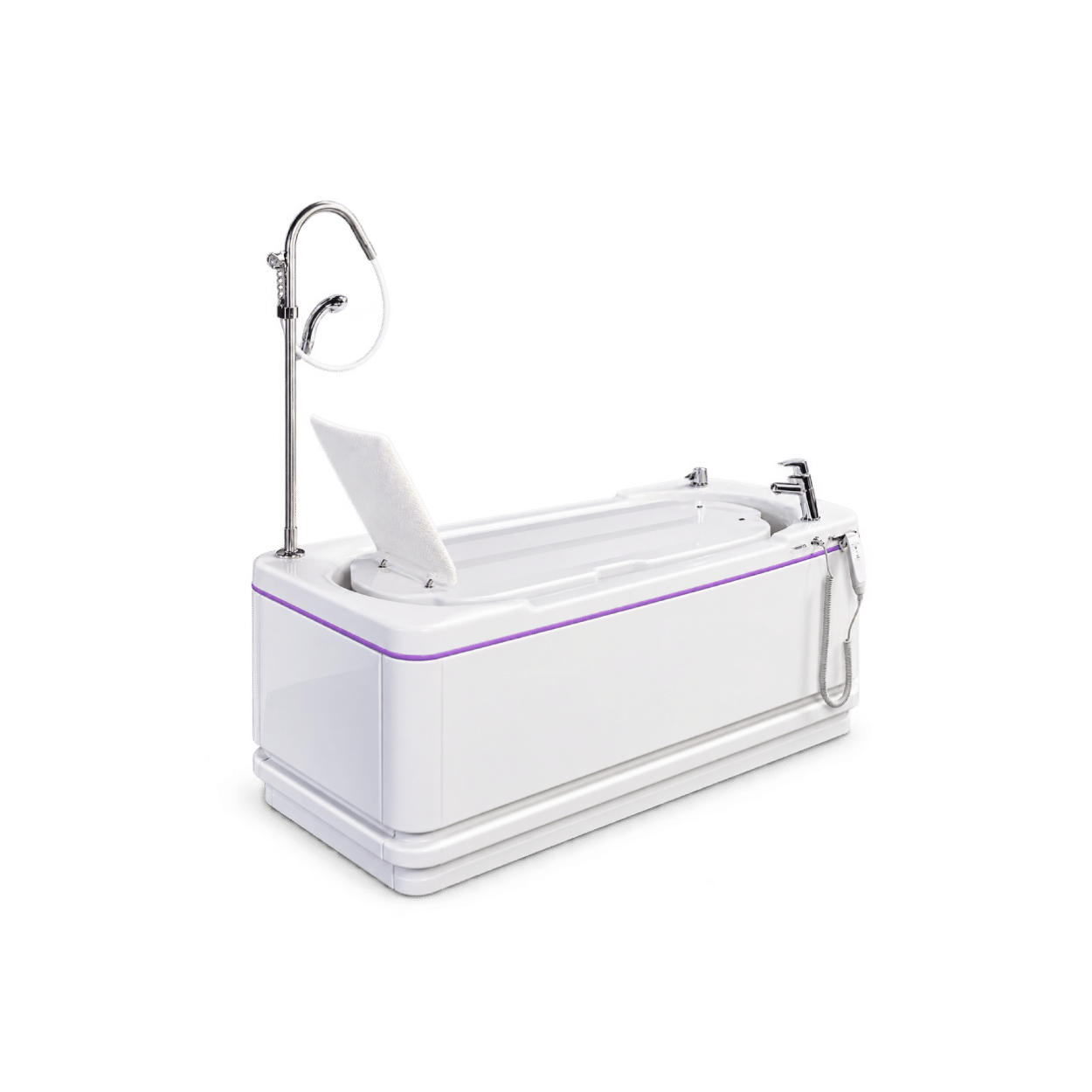 Oraya specialist assisted bath with reclining seat, overhead shower and integrated bathing controls
