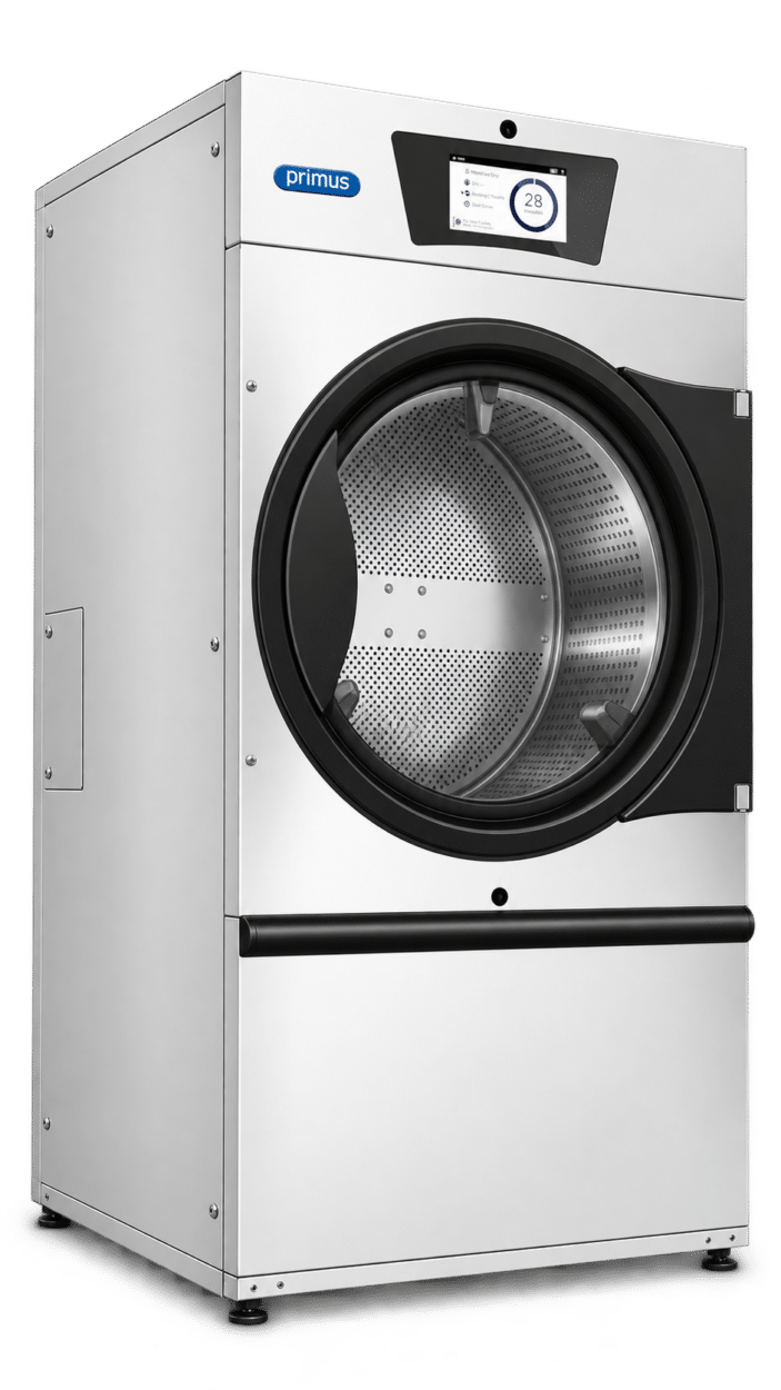 Primus DX13 commercial tumble dryer featuring a stainless steel finish, large circular drum and touchscreen control panel, photographed from an angled perspective.