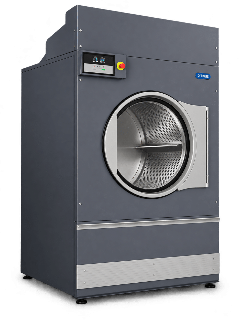 Primus DX90 90kg industrial tumble dryer featuring a dark grey cabinet, large circular drum door and digital control panel, viewed from an angle.