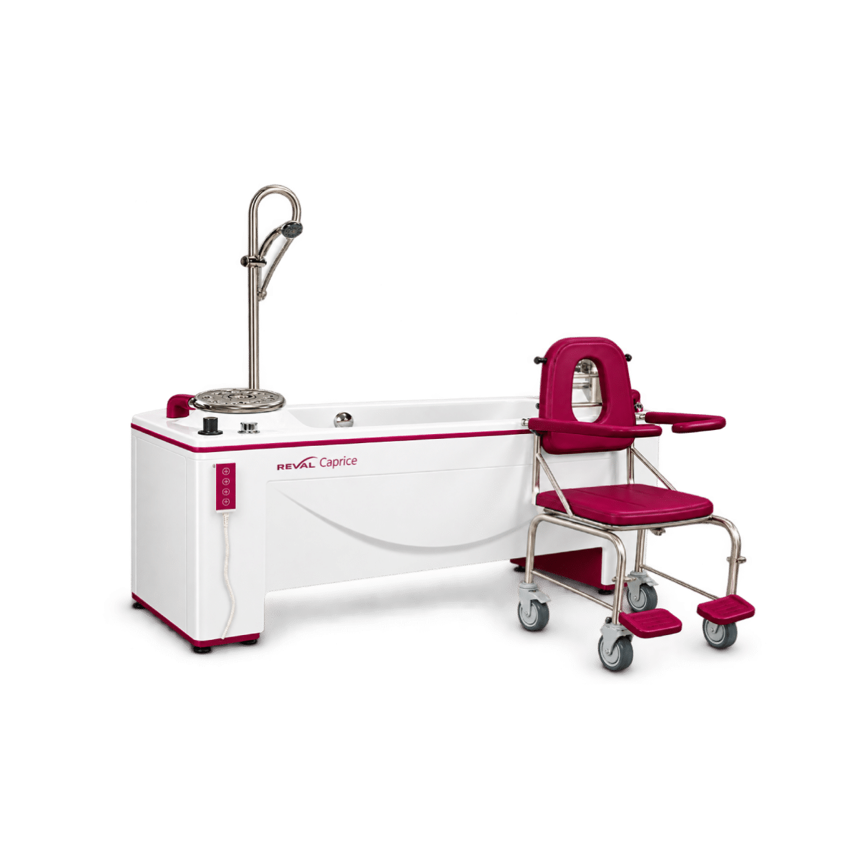 Reval Caprice specialist assisted bath with detachable wheeled transfer chair, padded seating, supportive armrests and integrated shower